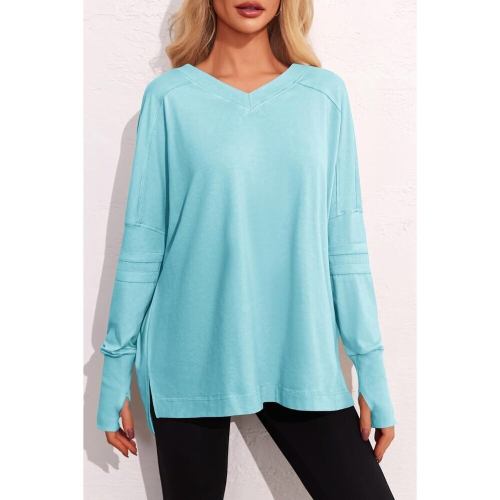 Womens Oversized Long Sleeve V Neck T Shirts Casual Tunic Tops for Leggings - Picture 3 of 6